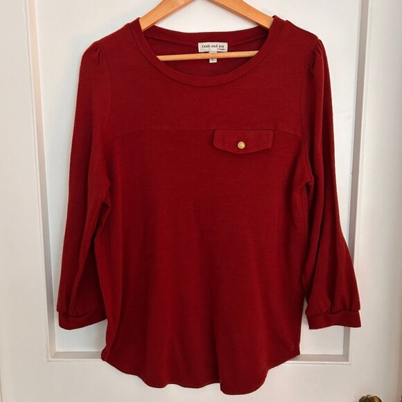 Faith & Joy Sweater in Rust with Faux Pocket and Button Size Large - Picture 7 of 9
